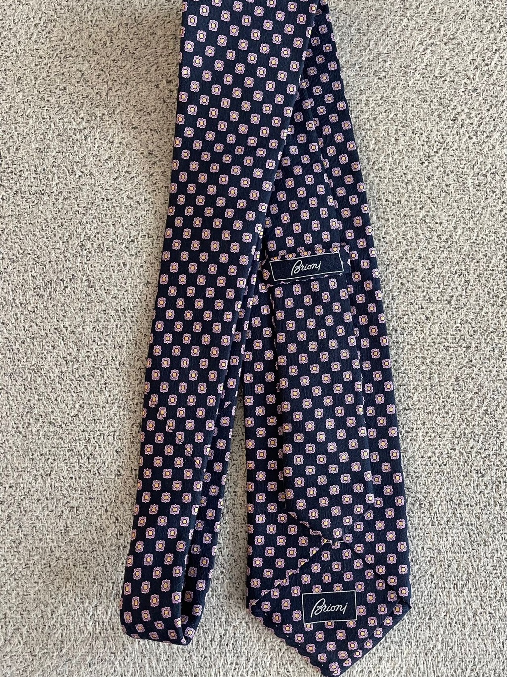 Brioni Navy Tie With Pink And Cream Micro Floral Motif
